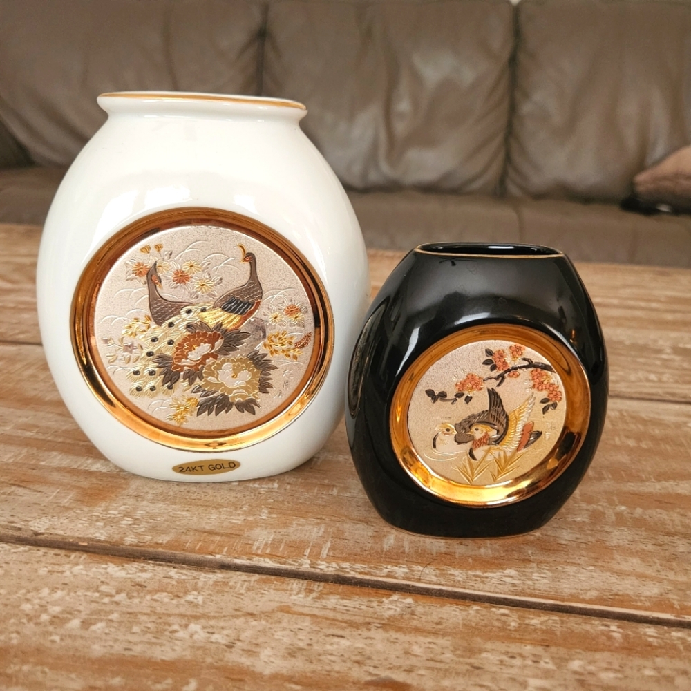 2 ART OF CHOKIN Porcelain Vases 24kt Gold Edge Metal PEACOCK BIRD FLORAL Japan